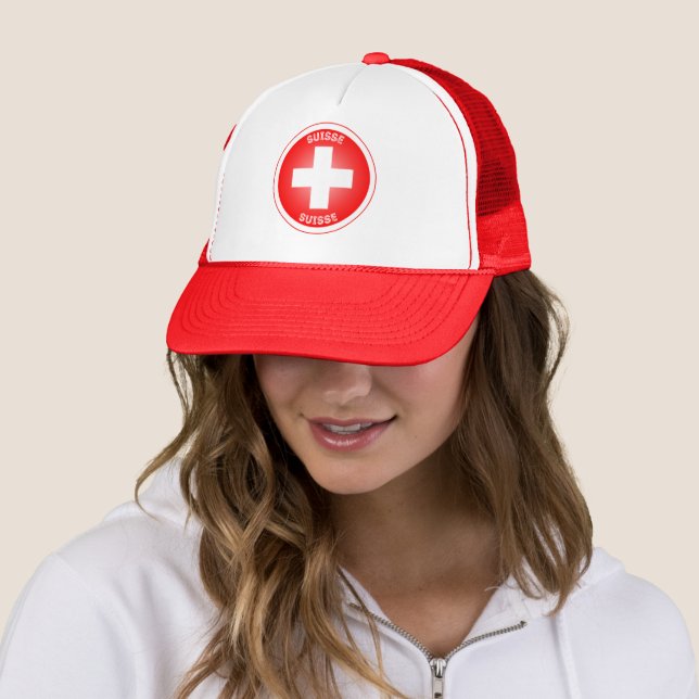 Swiss Cross Suisse Circle Shape Trucker Hat (In Situ)