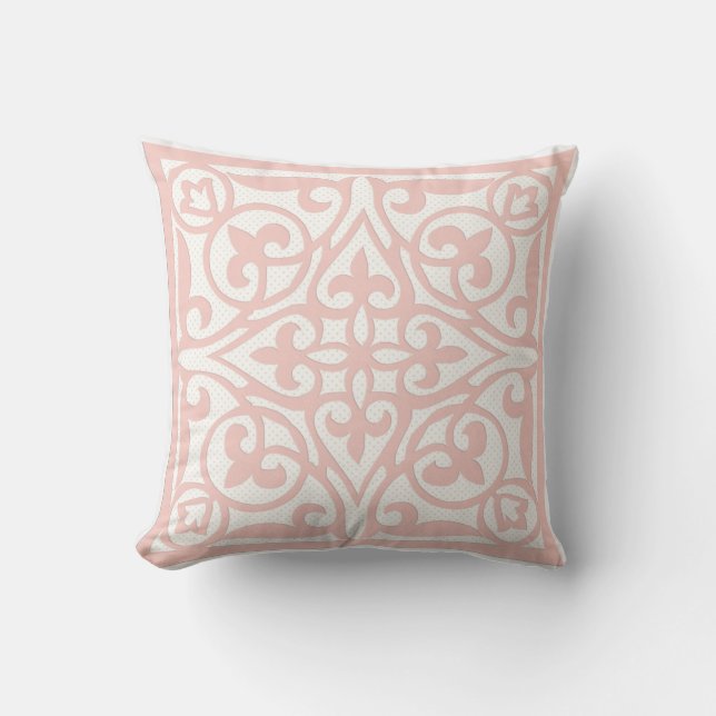 Swiss dot cutwork over linen - coral pink cushion (Front)