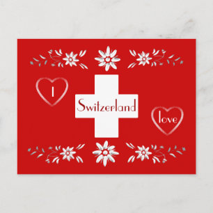 Swiss flag and edelweiss postcard