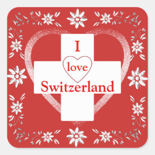 Swiss flag and edelweiss square sticker