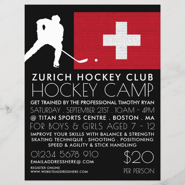 Swiss Flag, Hockey Player, Camp Advertising Flyer (Front)