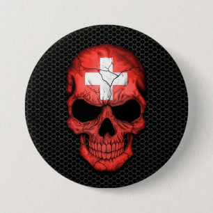Swiss Flag Skull on Steel Mesh Graphic 7.5 Cm Round Badge