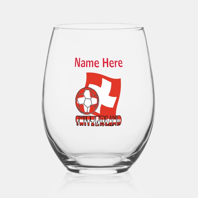Swiss Flag Soccer Ball Red Personalisation Stemless Wine Glass (Front)