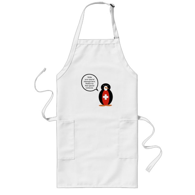 Swiss Flag Talking Mr. Penguin Long Apron (Front)