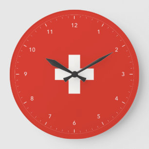 Swiss Flag White Cross and Clear Hour Numbers Large Clock