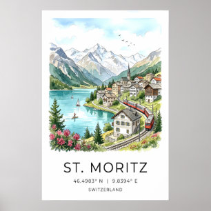 Swiss Landscape Art St Moritz Watercolor - Alpine Poster