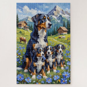 Swiss Mountain Dog Alpine Gentian Art Jigsaw Puzzle