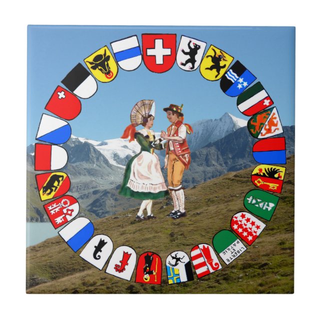 Swiss mountains, Swiss cantons and folk dancers  Tile (Front)