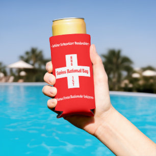 Swiss National Day in Four Languages Swiss Flag Seltzer Can Cooler