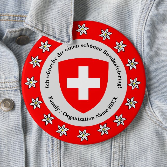 Swiss National Day Switzerland Flag Edelweiss 6 Cm Round Badge (In Situ)