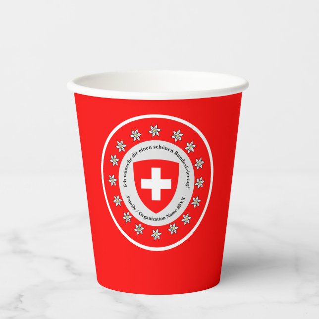 Swiss National Day Switzerland Flag Edelweiss, Red Paper Cups (Front)