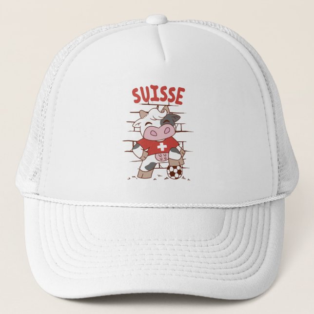 Swiss Soccer Cow Football Fan Switzerland Flag Trucker Hat (Front)