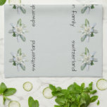 Swiss Switzerland text Edelweiss family name Tea Towel<br><div class="desc">Swiss Edelweiss kitchen towels. Switzerland script kitchen towels with Edelweiss flowers.
You can add your own name to personalise.</div>
