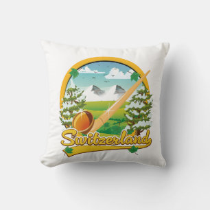 Switzerland alphorn retro travel logo cushion