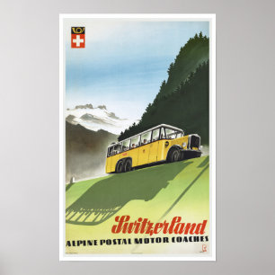 Switzerland Alpine Coaches - Vintage Travel Poster