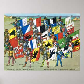 Switzerland, Banners of the 22 Swiss Cantons Poster