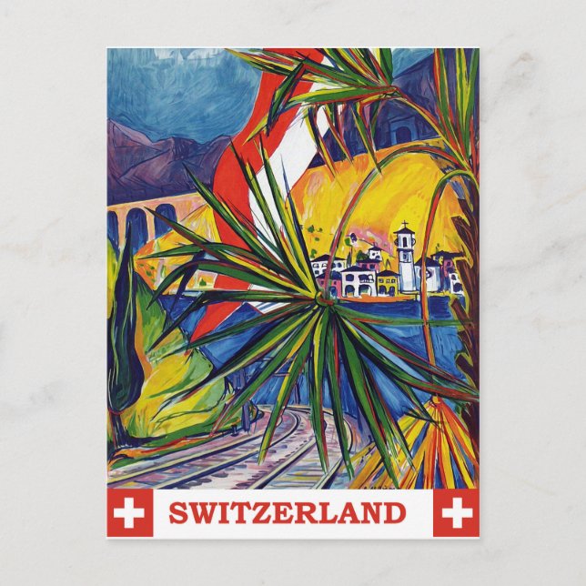 Switzerland by train, vintage travel postcard (Front)
