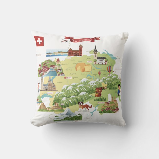 Switzerland Cartoon Map Cushion (Front)