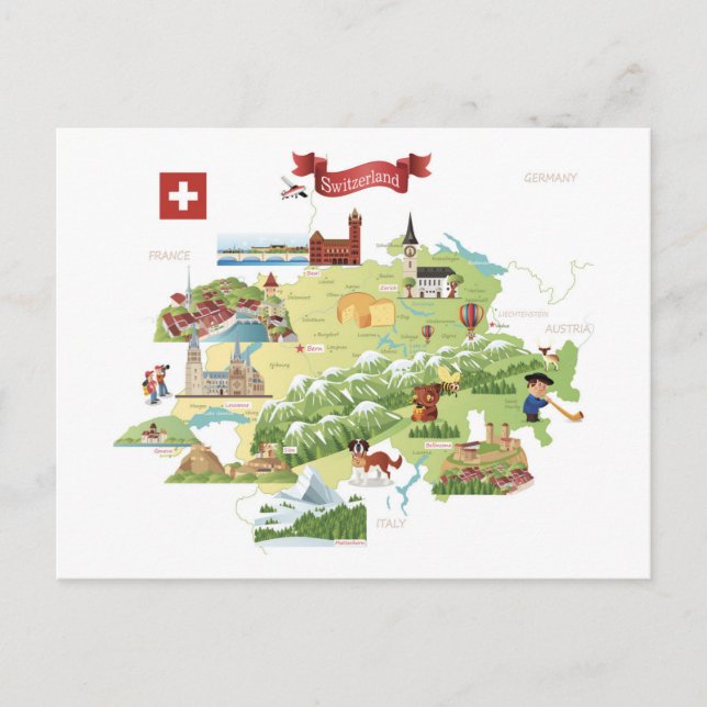 Switzerland Cartoon Map Postcard (Front)