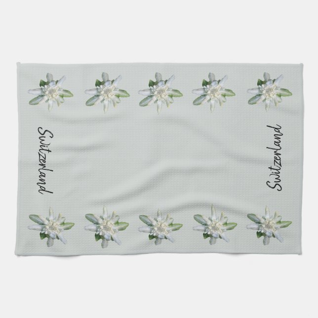 Switzerland Edelweiss flowers Switzerland script Tea Towel (Horizontal)