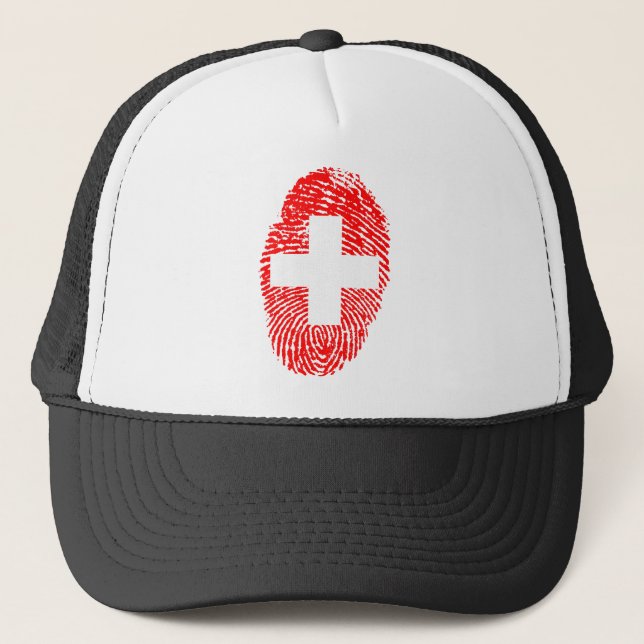 Switzerland Flag Fingerprint Country Pride Trucker Hat (Front)