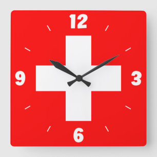 Switzerland Flag Inscription White Cross Numbers Square Wall Clock