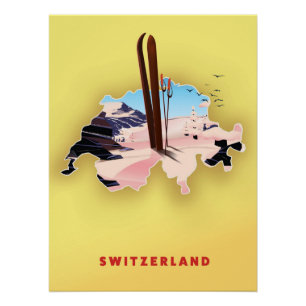 Switzerland map Ski sporting travel poster