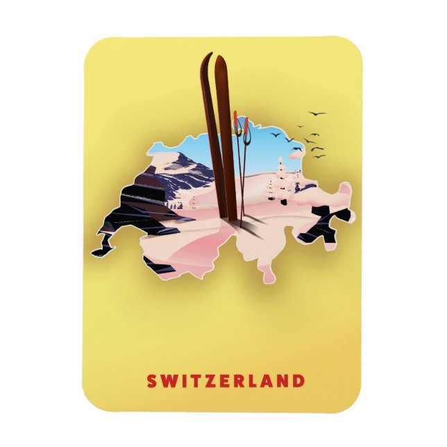 Switzerland map Ski travel poster. Magnet (Vertical)