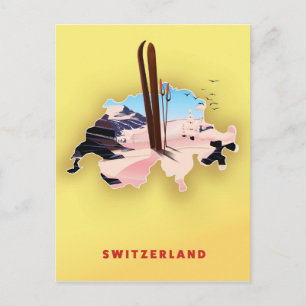 Switzerland map Ski travel poster. Postcard