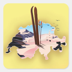 Switzerland map Ski travel poster. Square Sticker