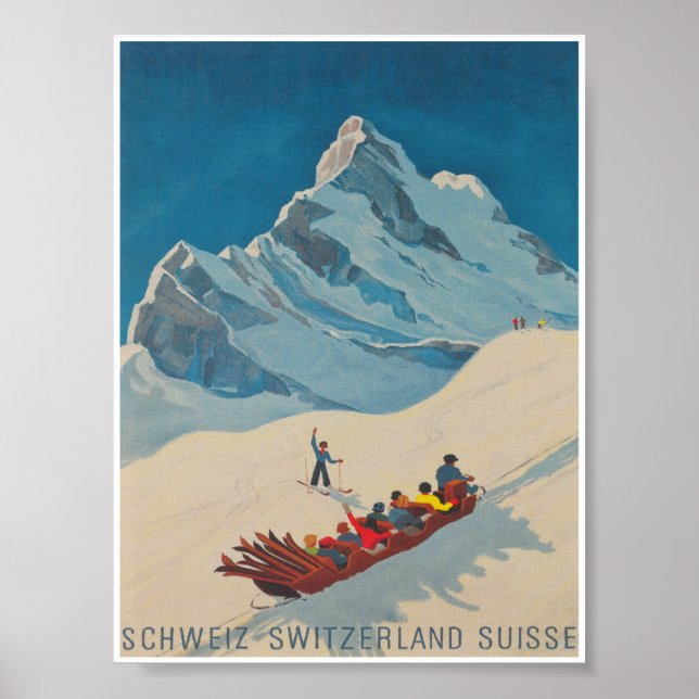 Switzerland Ski Sled Retro Vintage Travel Poster (Front)