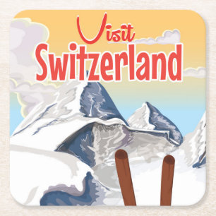 Switzerland Ski travel poster Square Paper Coaster