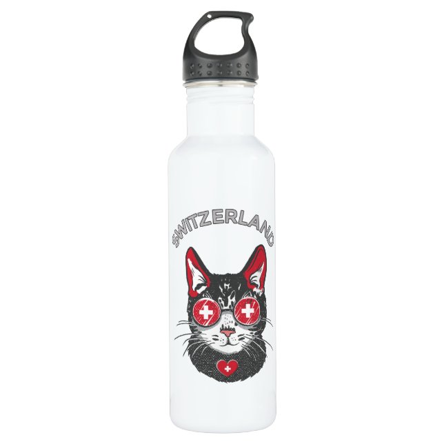 Switzerland Soccer Cat Mascot Swiss Fan flag 710 Ml Water Bottle (Front)