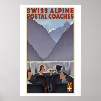 Switzerland Swiss Alpine Postal Coaches Vintage Poster