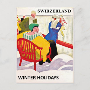 Switzerland, winter holidays, ice skating, vintage postcard