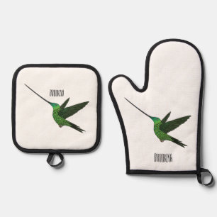 Sword-billed hummingbird cartoon illustration oven mitt & pot holder set