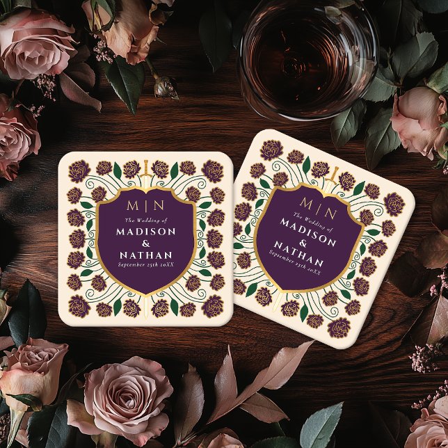 Sword & Shield Mediaeval Fantasy Monogram Wedding Square Paper Coaster (Creator Uploaded)