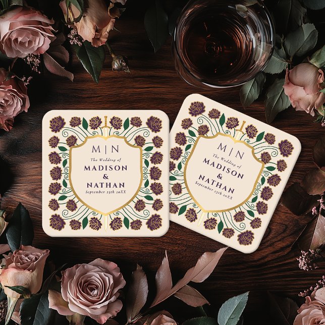 Sword & Shield Mediaeval Fantasy Monogram Wedding Square Paper Coaster (Creator Uploaded)