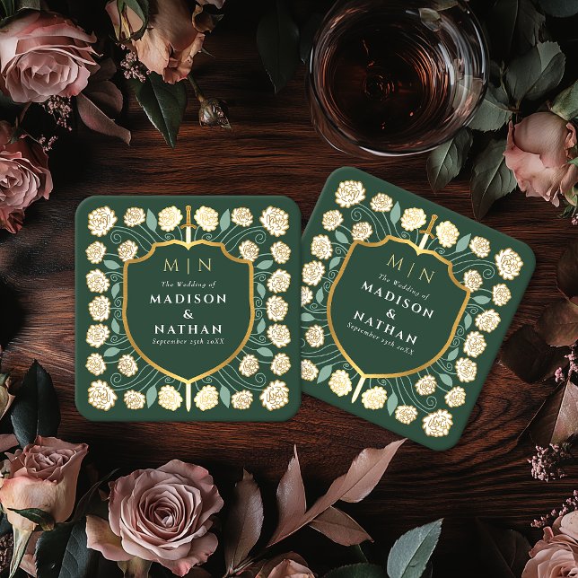 Sword & Shield Mediaeval Fantasy Monogram Wedding Square Paper Coaster (Creator Uploaded)