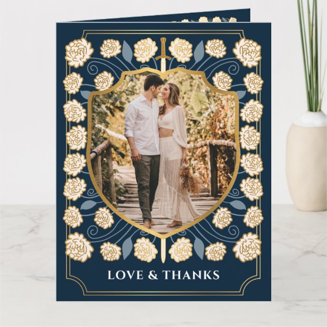 Sword Shield Mediaeval Fantasy Monogram Wedding Thank You Card (Front)
