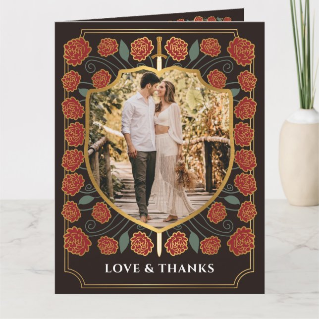 Sword & Shield Mediaeval Fantasy Monogram Wedding Thank You Card (Front)