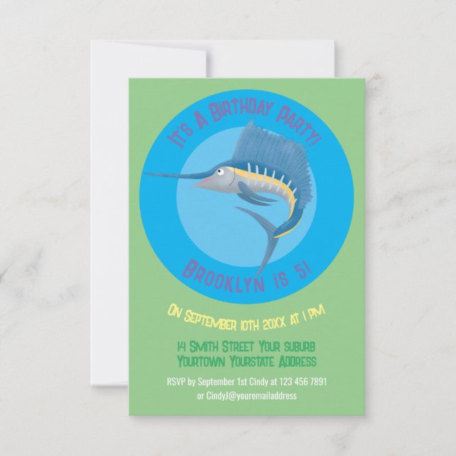 Swordfish sailfish fun cartoon illustration invitation (Front)