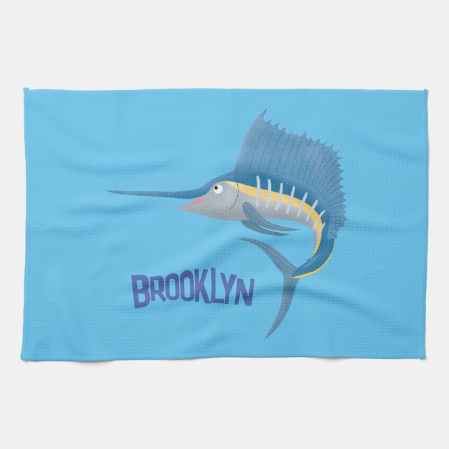 Swordfish sailfish fun cartoon illustration tea towel (Horizontal)