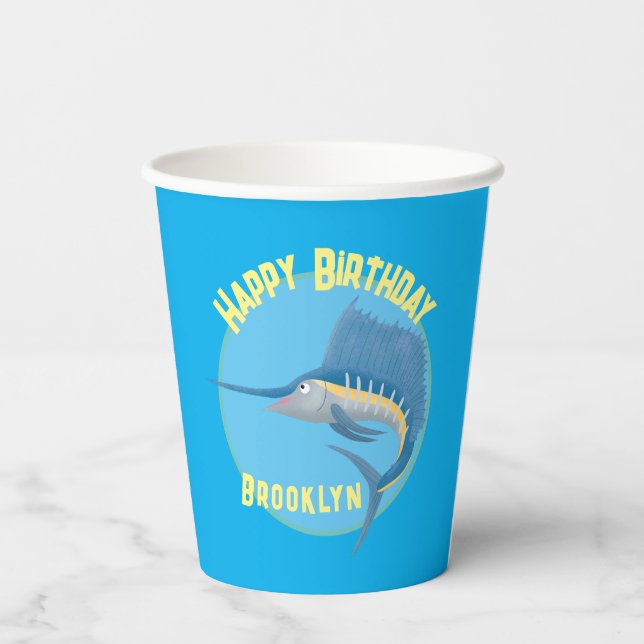 Swordfish sailfish fun cartoon personalised paper cups (Back)