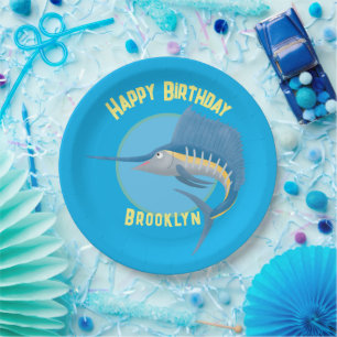 Swordfish sailfish personalised birthday cartoon  paper plate