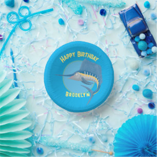 Swordfish sailfish personalised birthday cartoon paper plate