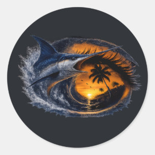 Swordfish Sunset Wave – Surreal Tropical Ocean Art Classic Round Sticker