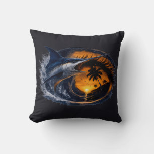 Swordfish Sunset Wave – Surreal Tropical Ocean Art Cushion