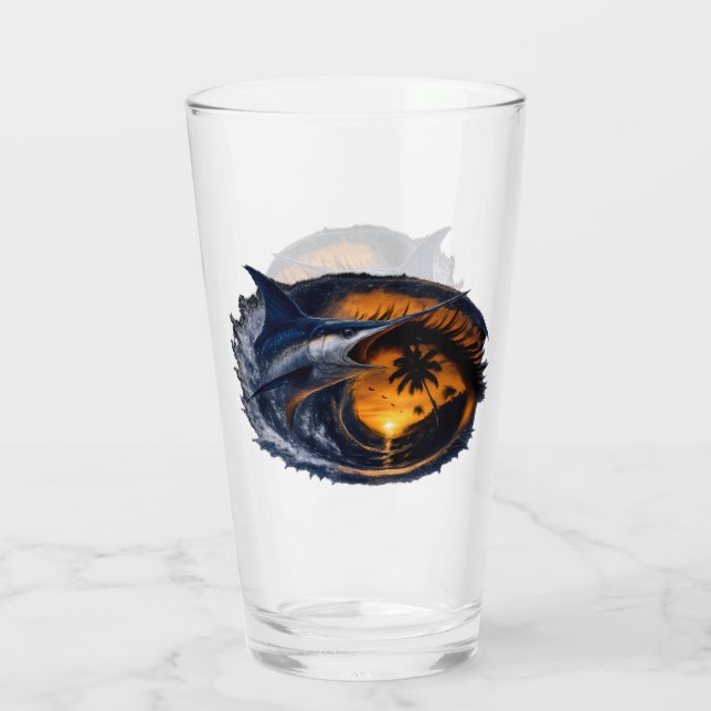 Swordfish Sunset Wave – Surreal Tropical Ocean Art Glass (Back)