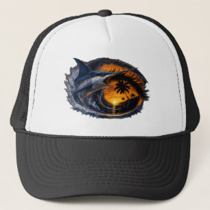 Swordfish Sunset Wave – Surreal Tropical Ocean Art Trucker Hat